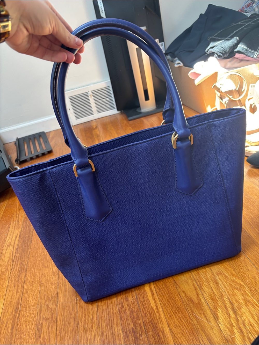 Dagne Dover Royal Blue Structured Tote with Gold Hardware